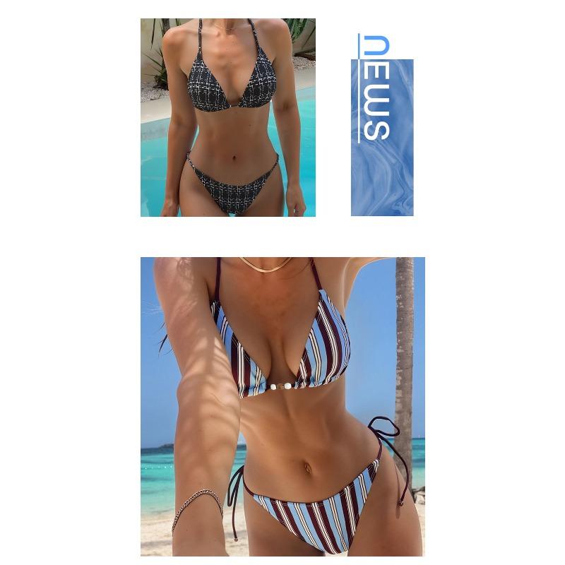 Women's Sexy Slim Fit Bikini Set, Tropical Print Halter Lace-up Triangle Swimsuit