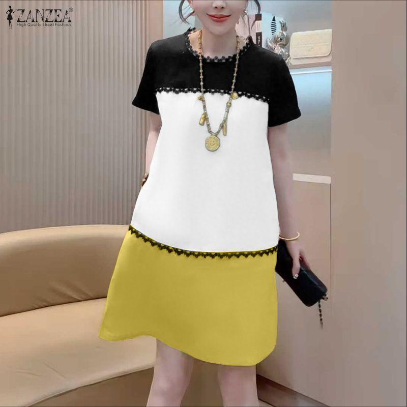 ZANZEA Women Casual Round Neck Short Sleeve Summer Patchwork Dress