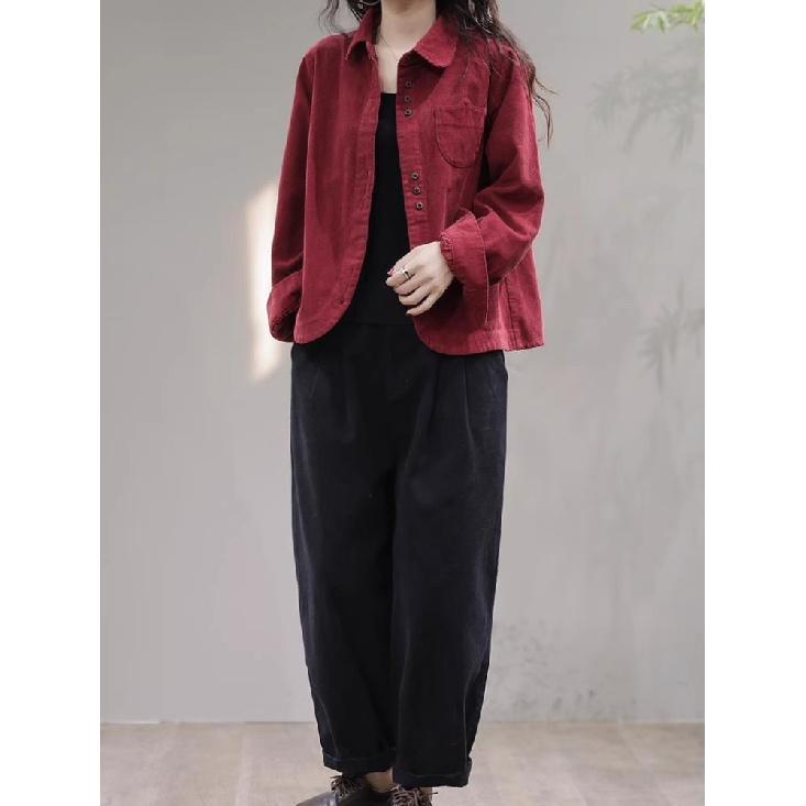 Primăvară Toamnă Nouă Cămașă Vintage Lejă Casuală din velur pentru Damă de Buzunar Moda Cardigan All-match Top Femei Bluză cu mânecă lungă Femeie