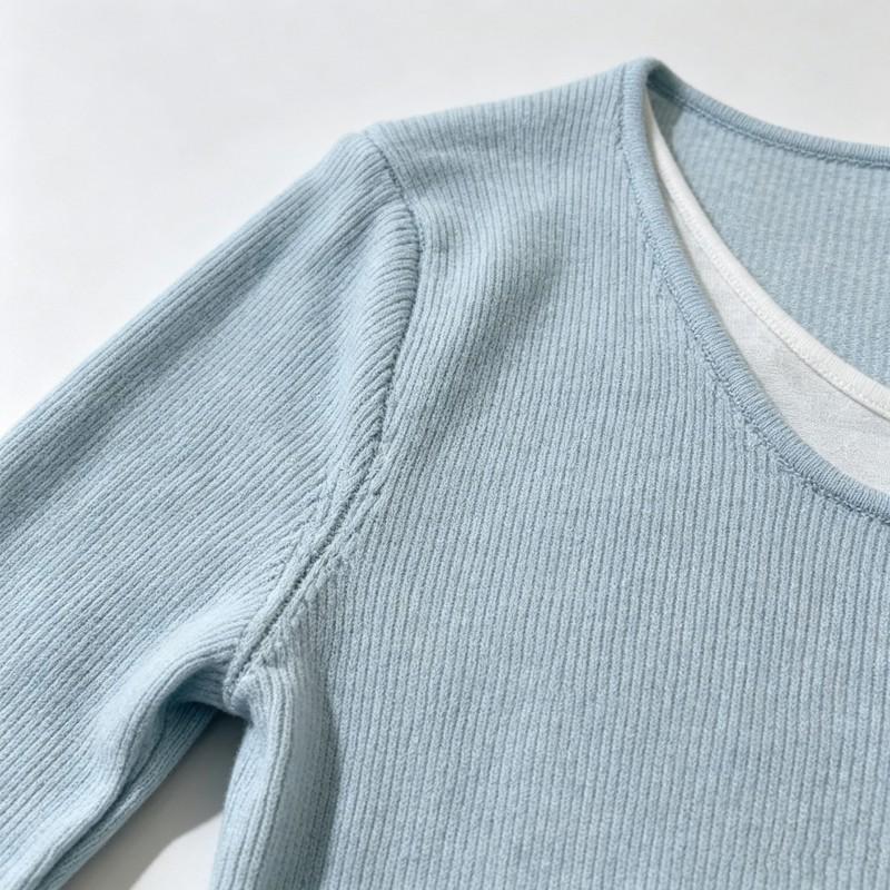 Womens Mock Two-Piece U-Neck Ribbed Knit Top Soft Viscose Long Sleeve Slim Fit Layering Base Shirt Fall