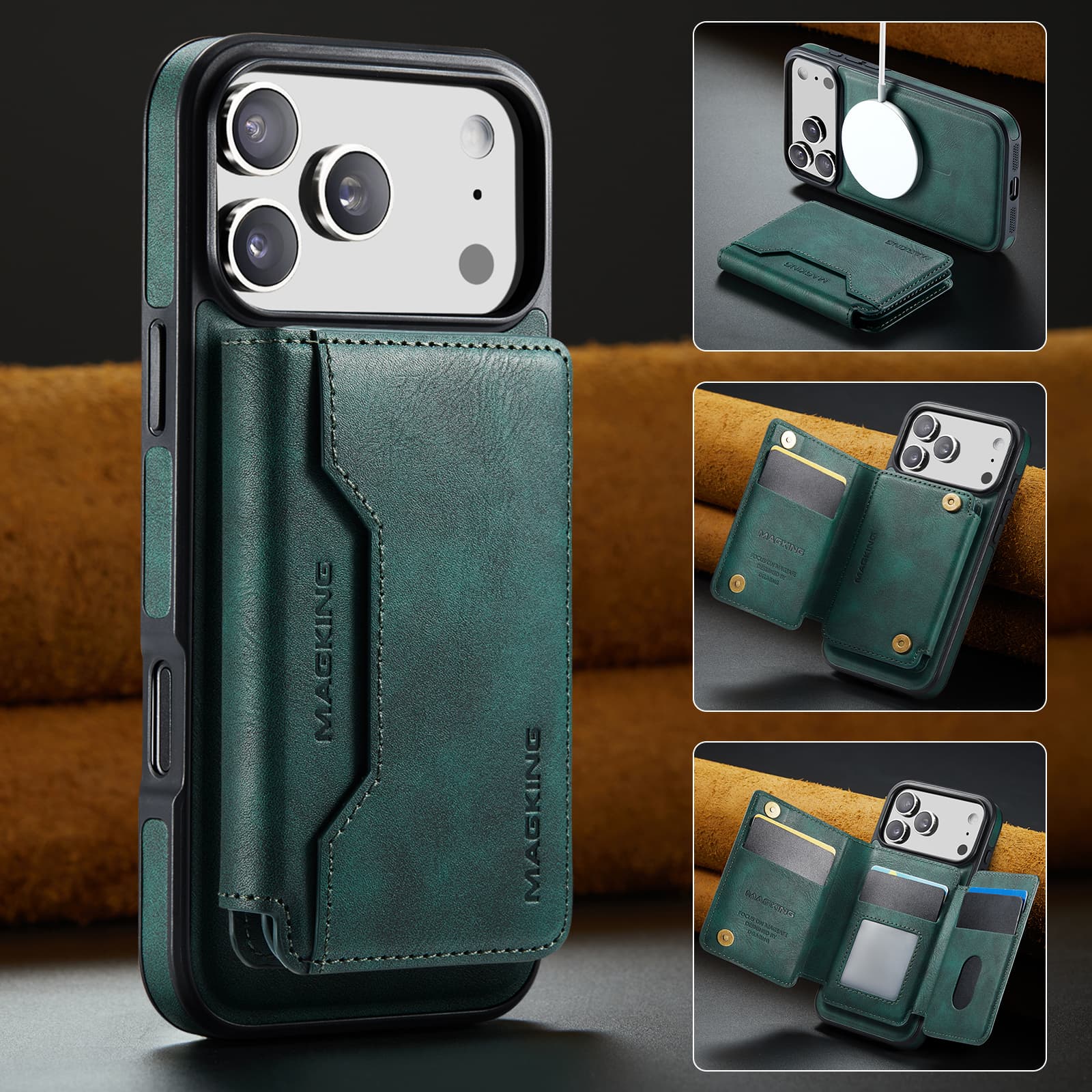 

Magnetic Attraction Leather Case for iPhone 17 Pro Max 16E Air 16 15 Plus 14 Pro 13 12 Detachable Card Bag Holder Phone Cover iPhone 11 зелений
