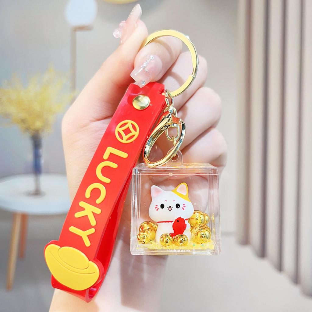 Lucky Cat Glitter Keychain: Adorable Oil-Filled Pendant for Kids & Women, Perfect for Backpacks and Gifts