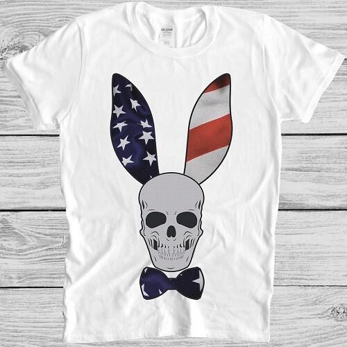 

Skull Bunny T Shirt USA Flag America Motorbike Vintage Funny Cool Gift Tee M165 4XL