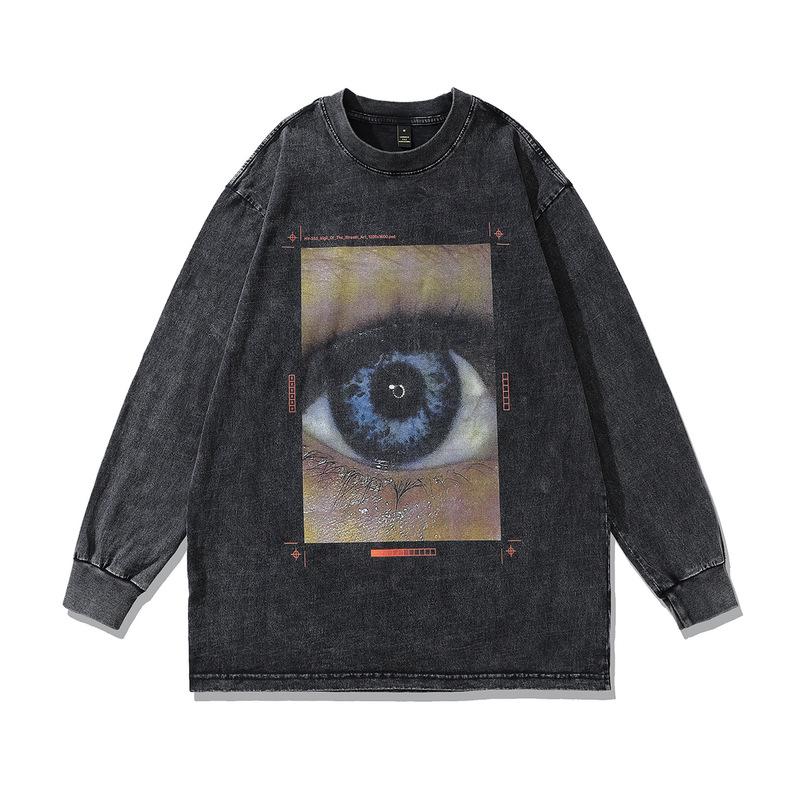 Trendy Brand Men'S High Street Personalized Printing Long-Sleeved T-Shirt Retro Pure Cotton Crew Neck Sweater For Men And Women