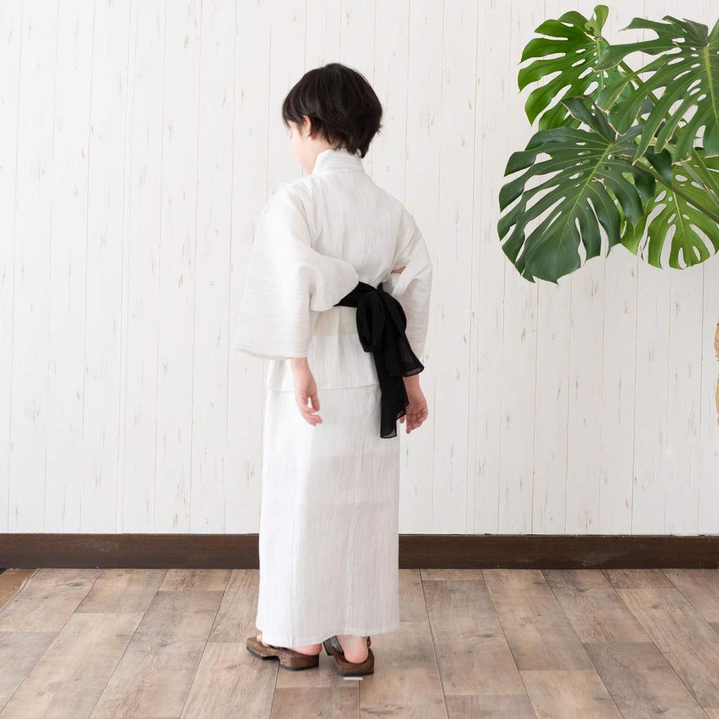 Yukata Weiden-Set Weiß x Obi [KYOETSU] Jungen-Set, Baumwoll-Leinen-Stoff, 2-teilig (Yukata, Obi) (Größe 110, G-11 Schwarz)