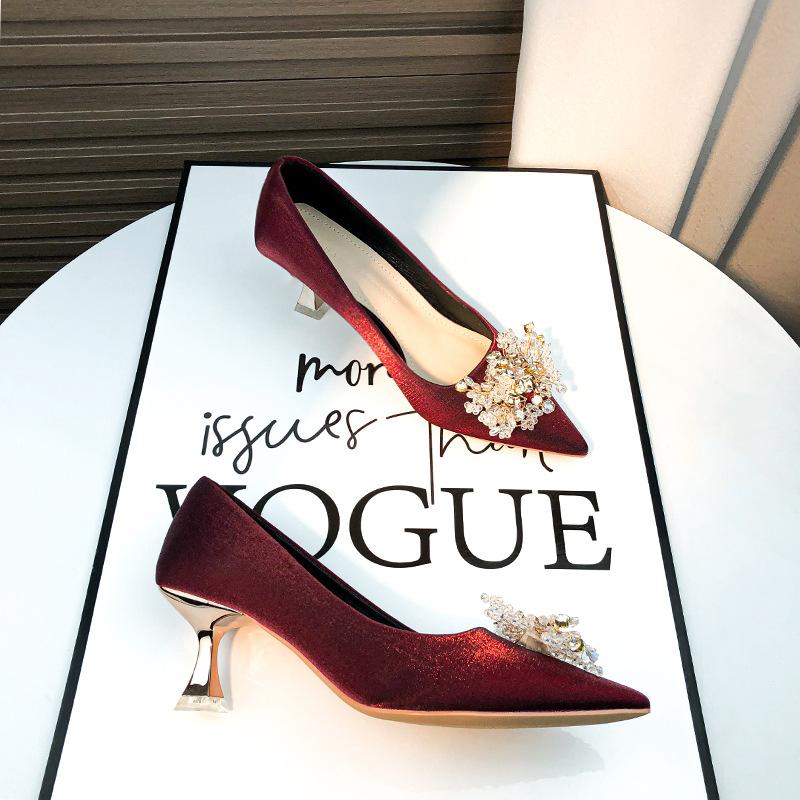 -A Red Wedding Shoes Bridal Shoes Hexiu Wedding Dress Two Wear New Autumn and Summer Crystal Satin
