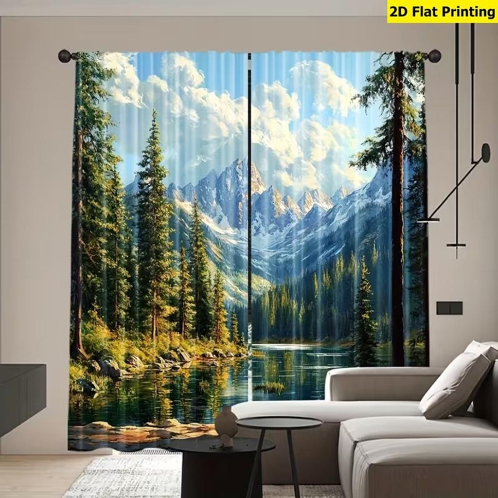 2 Bright Mountain & Lake Landscape Curtains Machine Washable Peaceful Woods River Snowy View Polyester Material for Home Decor
