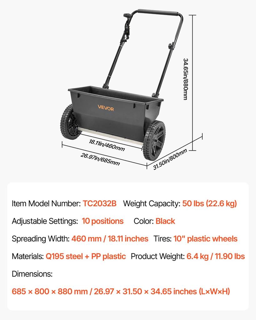 Walk-Behind Push Spreader, 50LBS Capacity, Drop Spreader with Hopper Grate, 18 in Spreading Width & 30 Settings, 10 in All Terrain Tires, Garden &