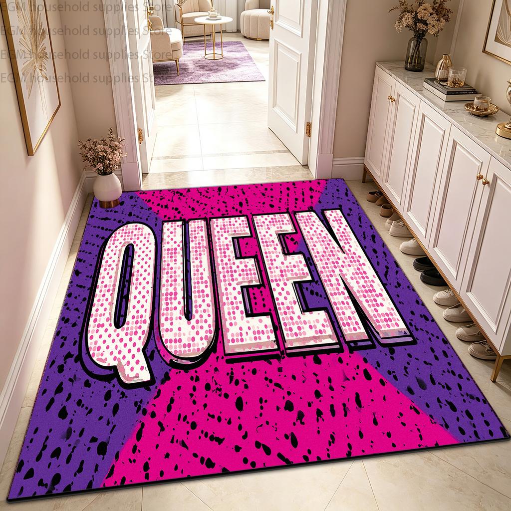 Trendiger Pink-Lila Königin Buchstaben-Druck Teppich Pop Art Schlafzimmer Großer Teppich Weich Rutschfest Waschbar Wohnzimmer Eingang Fußmatten