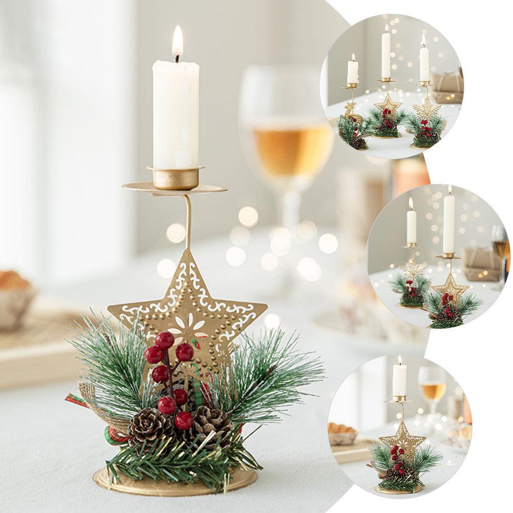 1pc Holder Christmas Decoration Wooden Iron Xmas Party Candlestick Desktop Tabletop Decorative Stand Festive Holiday