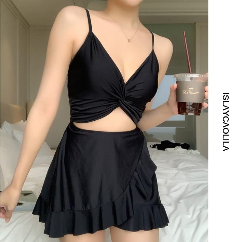Monokini Swimsuit One Piece Flare Skirt Swimdress Camisole Straps Drawstring Padded No Wires DN6 Lelia [ISLAYCAOLILA] Women's (M, Black)