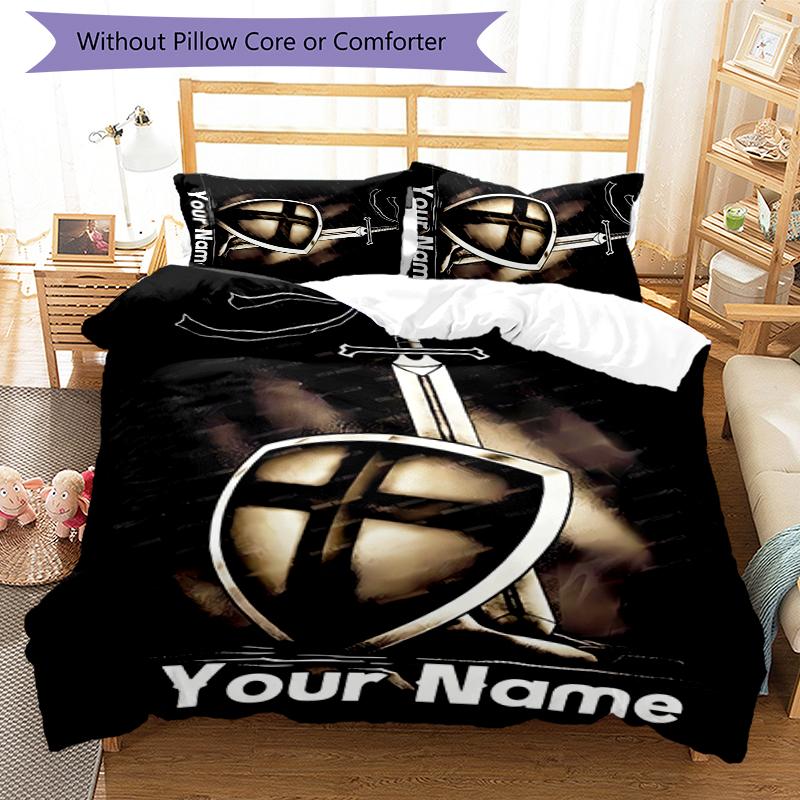 3pcs Custom Name Cartoon Knights Templar Bedding Set Duvet Cover Closure Includes 1 Duvet Cover & 2 Pillowcases for All Seasons Bedroom Decor