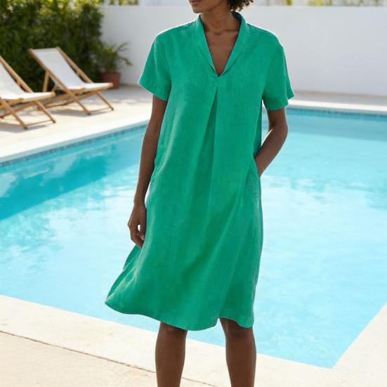Summer Midi Dress for Women Casual Short Sleeve Flowy Sundress Loose Fit V-Neck Beach Vacation Outfits with Pockets