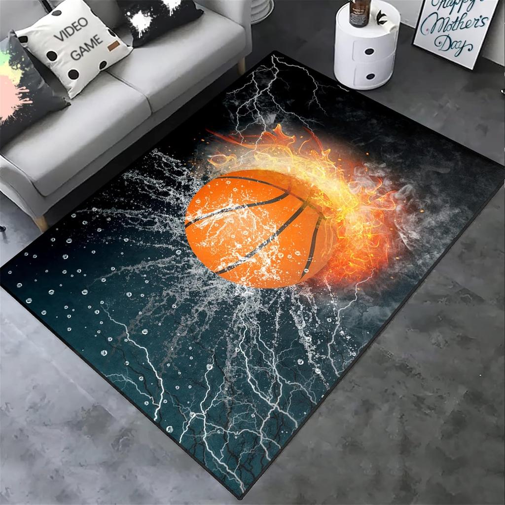 Black Basketball Sport Rug for Boys Bedroom and Playroom, Non-Slip Basketball Carpet, Living Room and Bedroom Decor