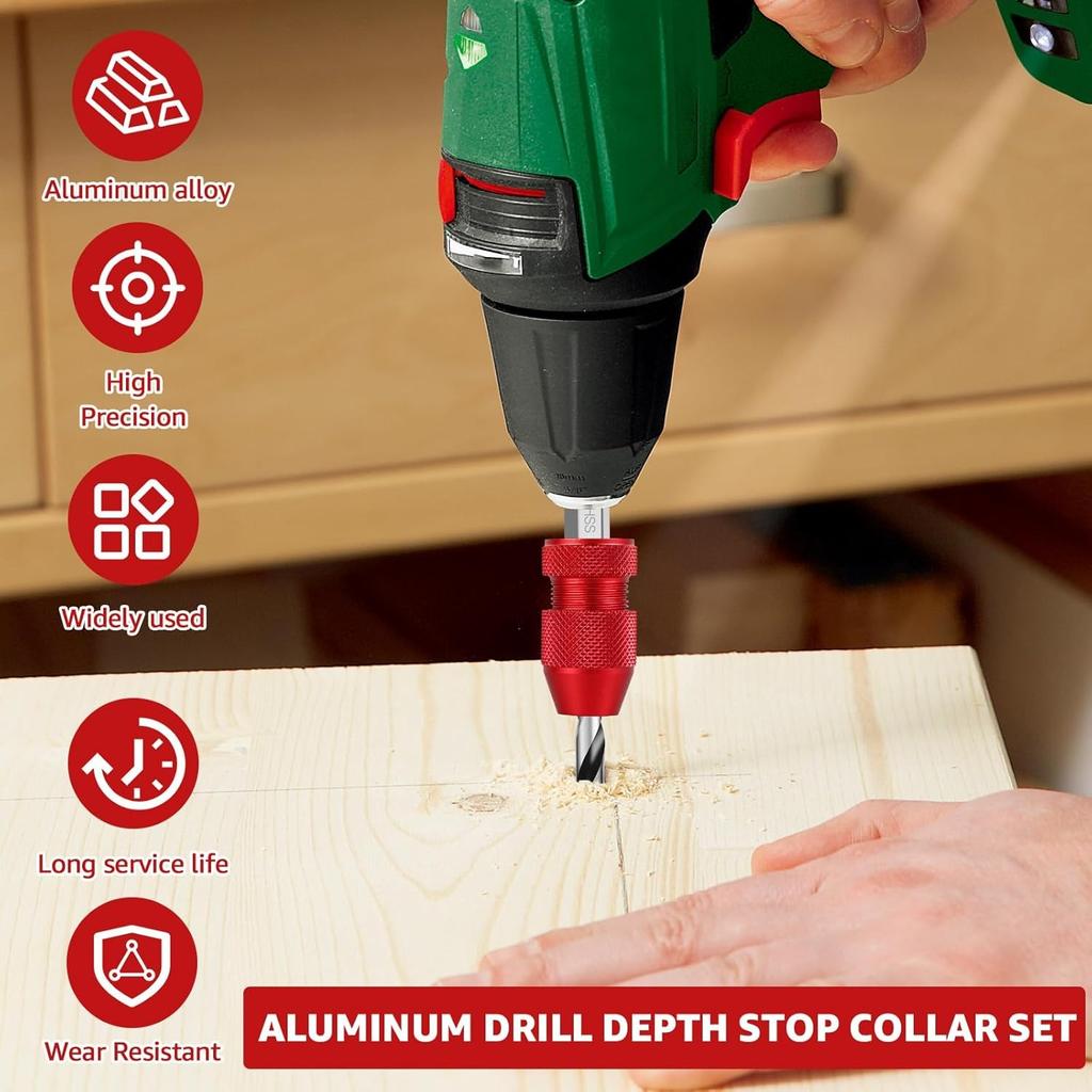2Pcs Drill Depth Stop Set Aluminum Alloy Drill Stop Precise Drill Size Range 5/64-3/16 15/64-7/16 for Furniture Tile Metal Wood