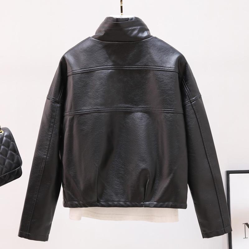 Černá kožená bunda dámská krátká podzimní a zimní nová volná slim motorkářská kožená bunda korejského stylu bunda zahraničního střihu