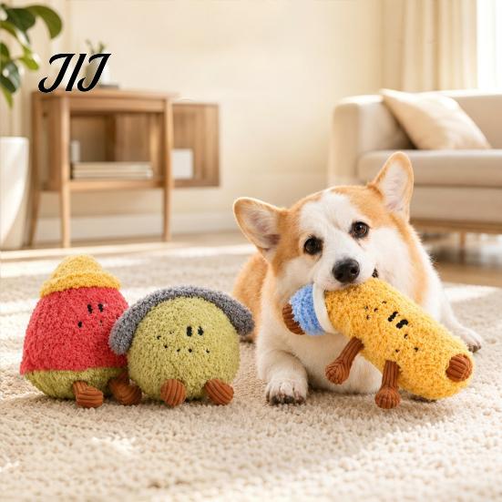Teeth Grinding Toys for Puppies Plush Fruit Dog Toy with Bell, Squeaky Interactive Chew Toy, Anxiety Relief Dogs Soft Stuffed Small To Medium