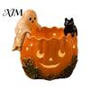 Fall Harvest Table Decor Halloween Pumpkin Candle Holder, Resin Ghost Black Cat Tea Light Candlestick for Lights Stand, Retro Distressed Decorative