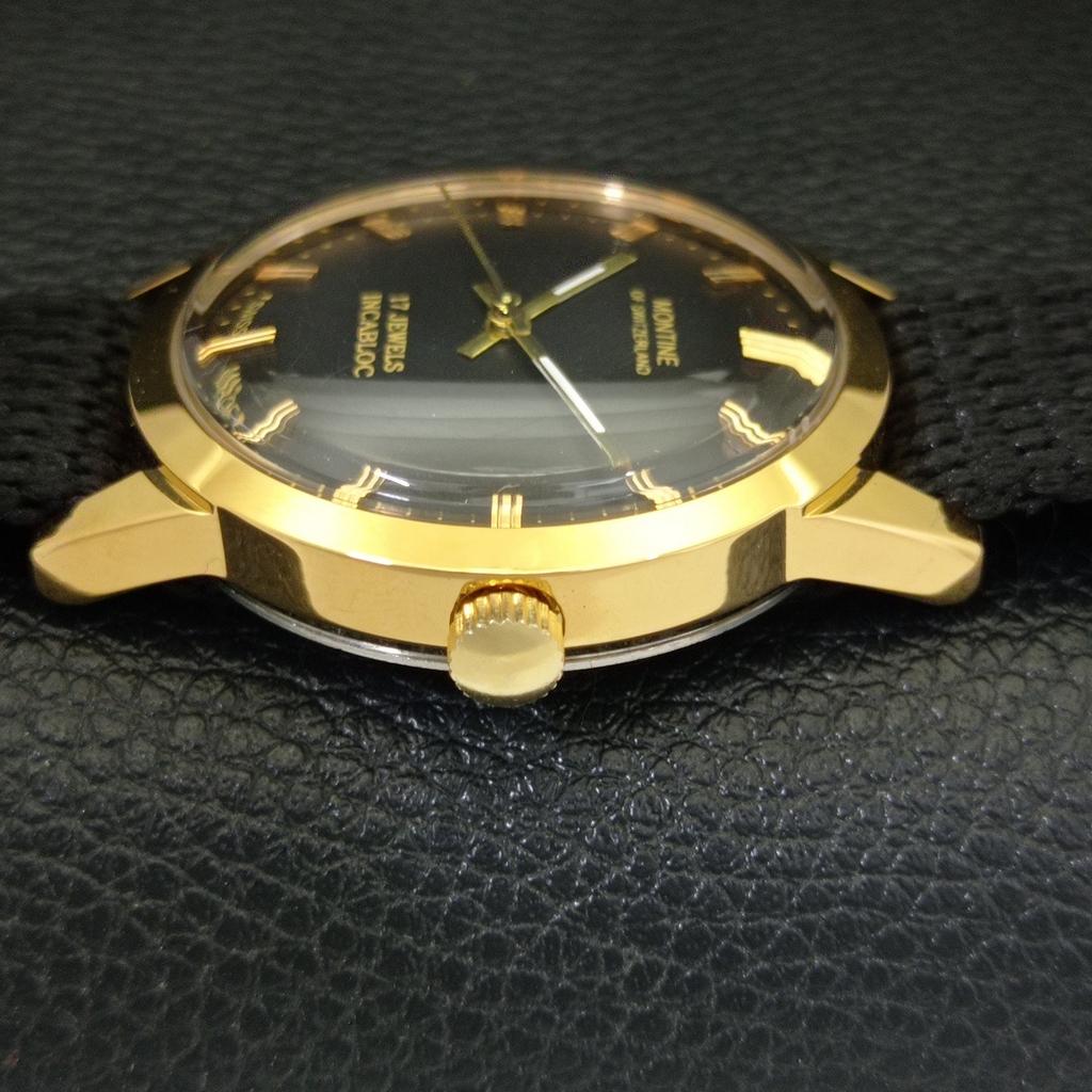 HAND-WINDING VINTAGE MONTINE SWISS MENS REFURBISHED BLACK DIAL WATCH a441068-1