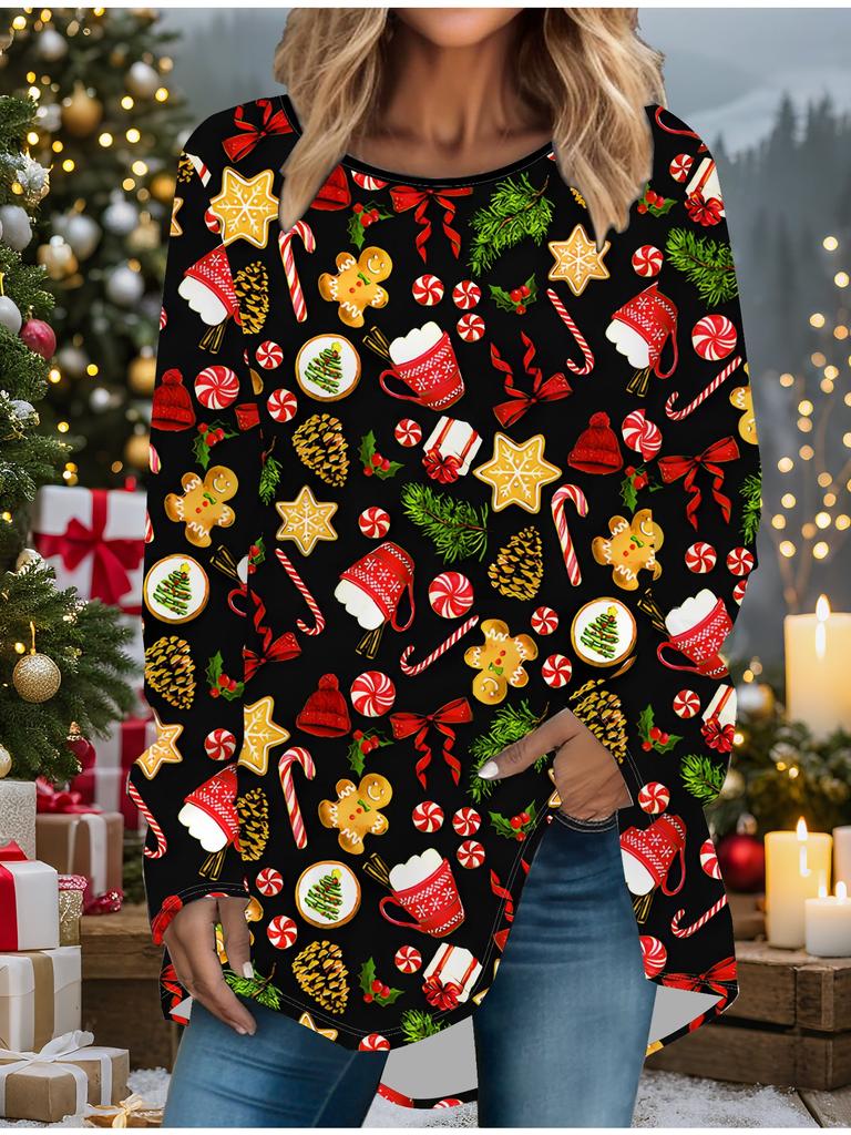 Plus Size Dam Vår Jul Snögubbe Tryckt Bekväm Långärmad Rundhals T-shirt Casual Rymlig Mellanlång Toppar