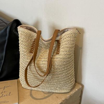 Ručně vyráběná plážová taška z tkané slámy Velkokapacitní taška přes rameno Ženy Raffia Cestovní Nákupní Tašky Letní Dovolená Neformální Kabelky