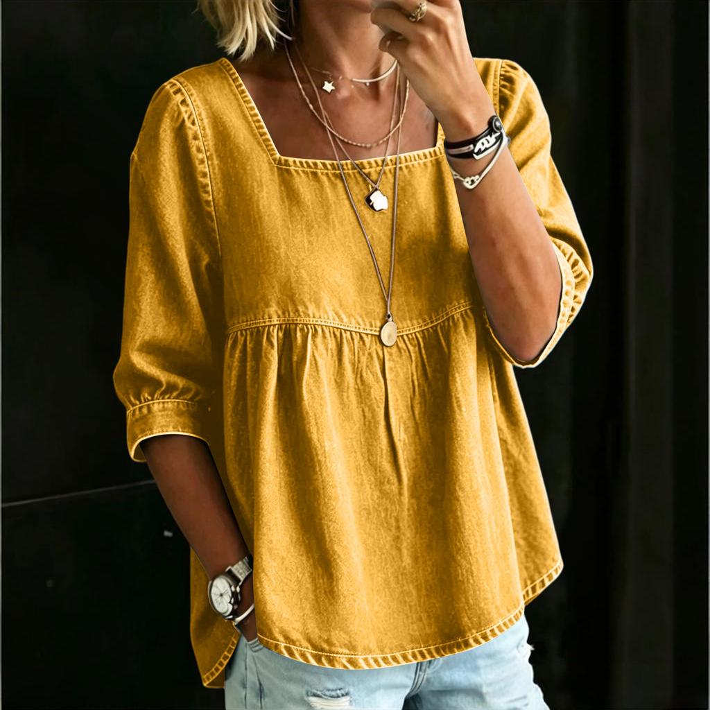 Chemise Patchwork Dentelle Denim pour Femme Col Carré Manches Courtes Décontractée Coupe Ample Blouse Tissu Léger Respirant