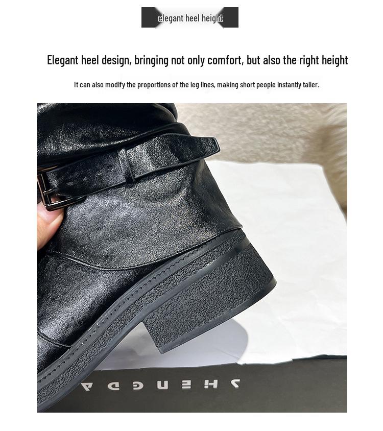 Women's Genuine Leather Black Wrinkled Over-the-Knee Knight Boots with 9cm Inner Height - 2025 New Style.