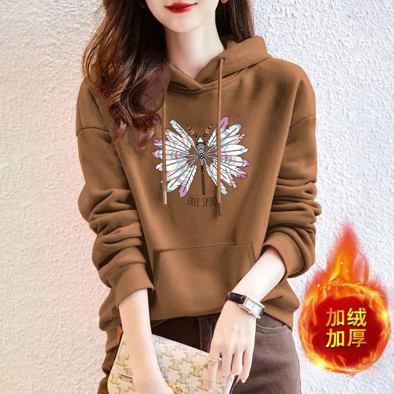 

Hooded Sweatshirt Women s New Korean Loose Autumn Winter Casual All-match Velvet Bottoming Shirt Top Jacket L коричневый