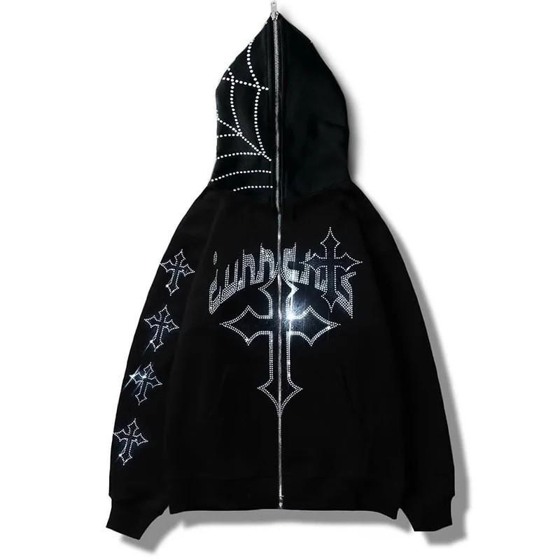 Y2K Mikina na zips s potlačou kamienkov - Trendy Hip Hop Streetwear štýl