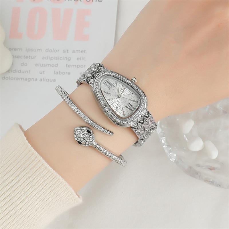 2pcs/set Women Quartz Snake Rhinestone Watch Bracelet Wristwatches