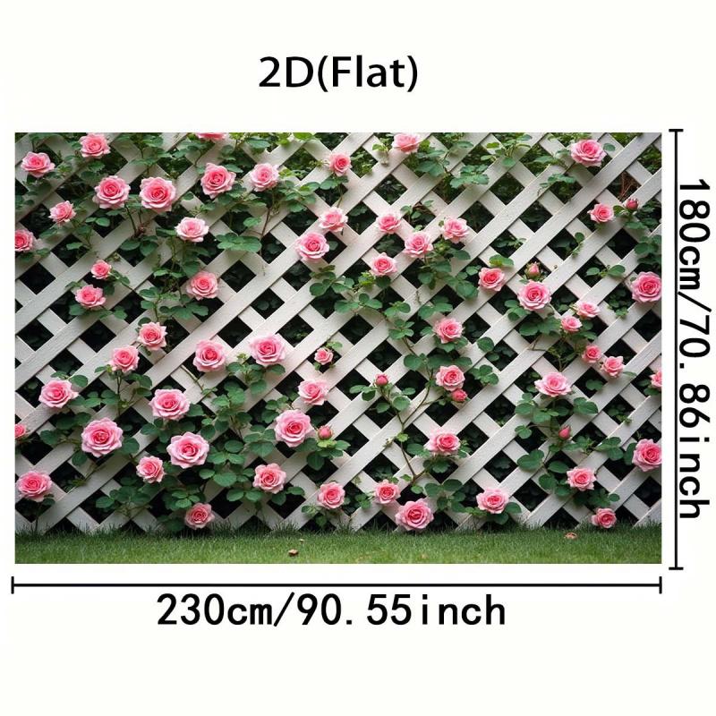 1pc, 2D flat, pink rose climbing white wire mesh fence banner, suitable for birthday celebrations and background banners, wsj