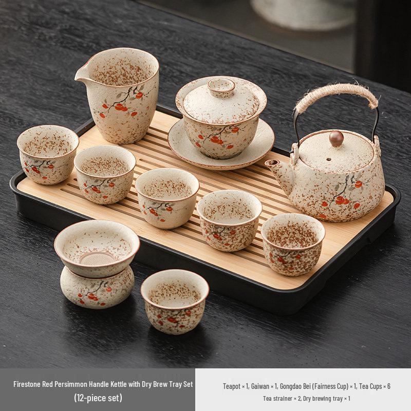 High-End Flint Red Gongfu Tea Set with Ceramic Kettle, Teacups, and Teaplatters