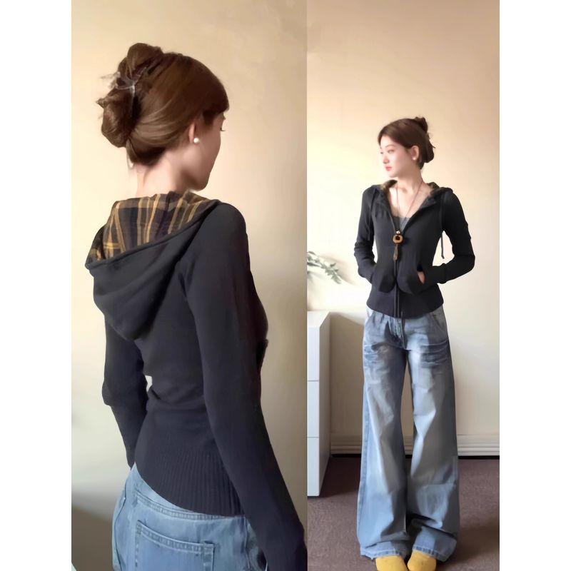 

Американский винтажный клетчатый худи-свитер верхняя одежда женский осень и зима приталенный облегающий талию короткий вязаный кардиган гару топ Gray quality version S