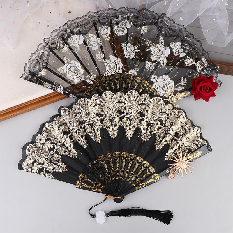 Ladies Lace Hand Fan Black White Cloth Folding Fans With Tassels Ancient-Style Dance Folding Hand Fan For Wedding Party Favor