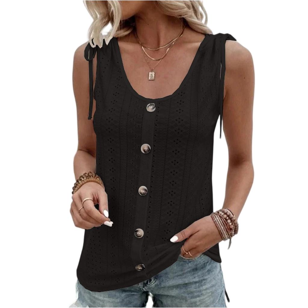 Women’s Sleeveless Eyelet Button Front Tank Top with Adjustable Shoulder Ties and Scoop Neck Casual Summer Blouse