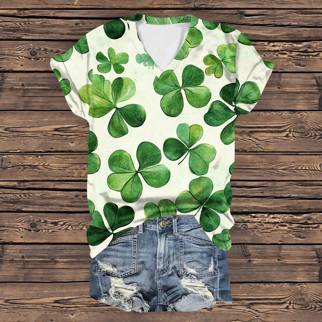 Women's Casual Loose St. Patrick's Day Printed V-Neck Short Sleeved Top T-Shirt Top