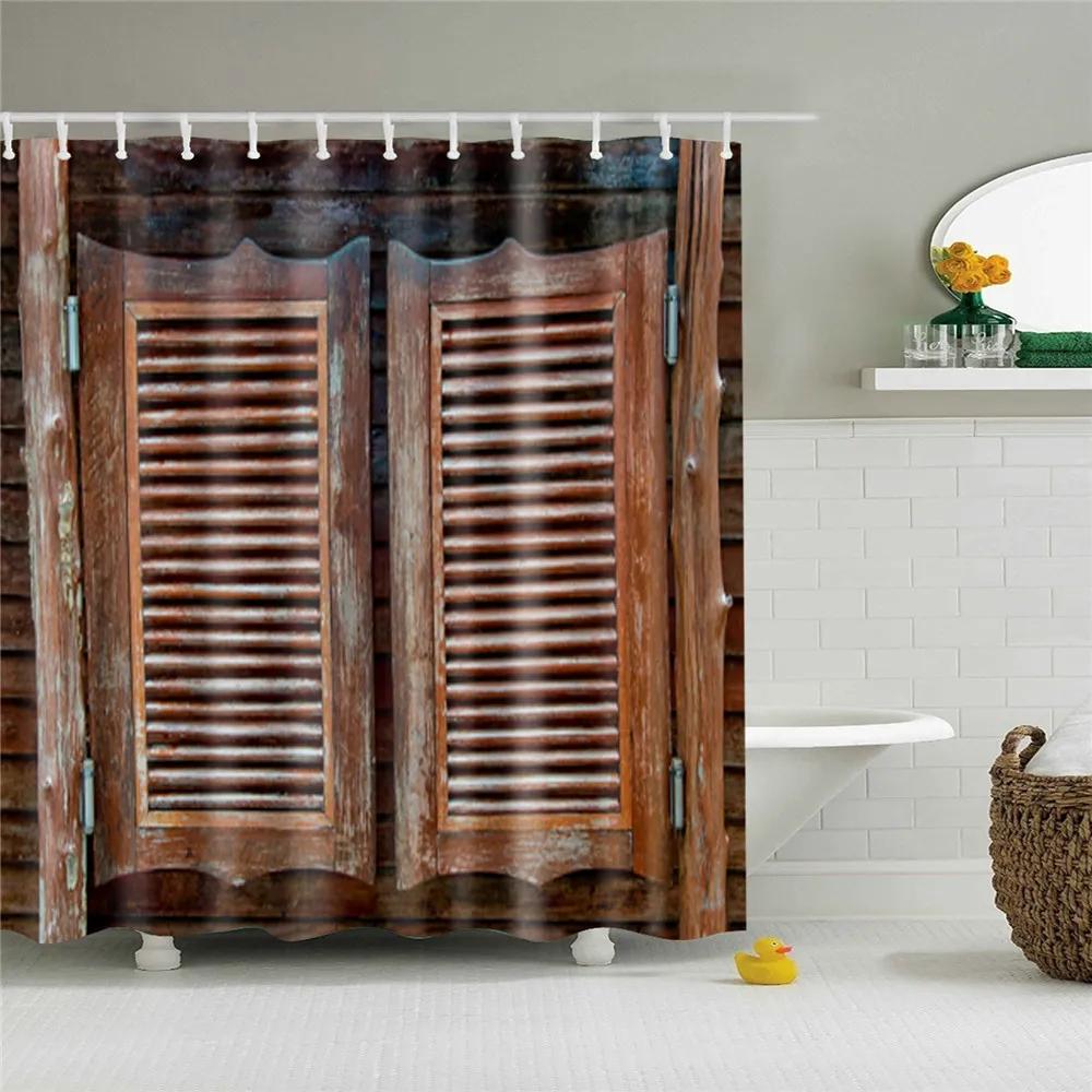 Wooden Door Shower Curtains Bathroom Curtain Stripes Letters Printed Waterproof Bath Screen Curtain for Home Decor with Hooks