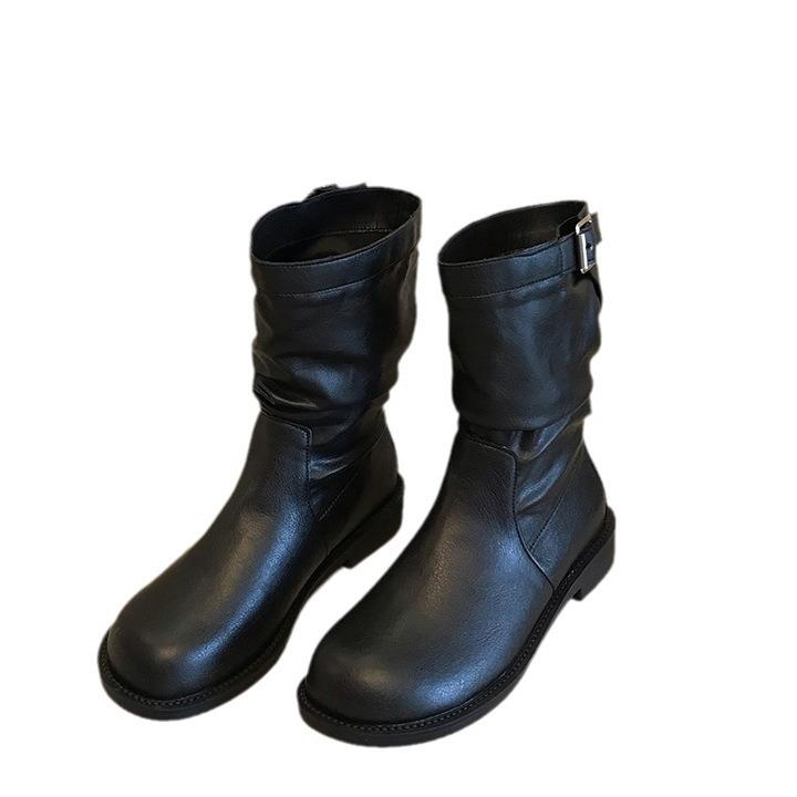 Super Fire! Korean Small Short Boots Women's 2025 New Spring and Autumn Single Boots Brown Round Head Fashion Pleated Medium Tube Martin Boots