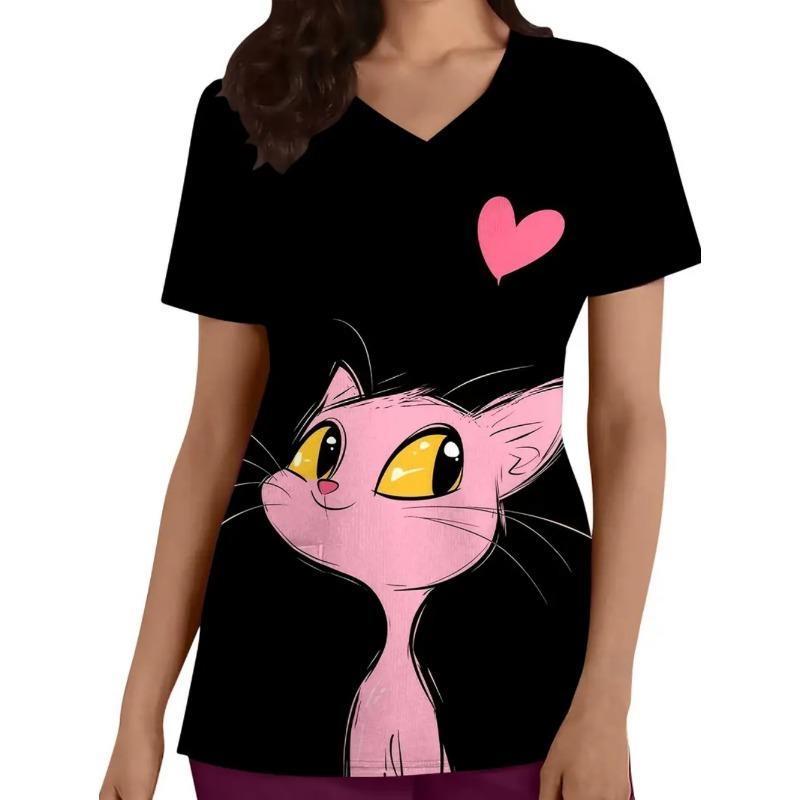 Woman Cute Cat Pattern Print V-Neck Short Sleeve Nurse Uniform Tops Comfortable with Pockets Medical Clothes