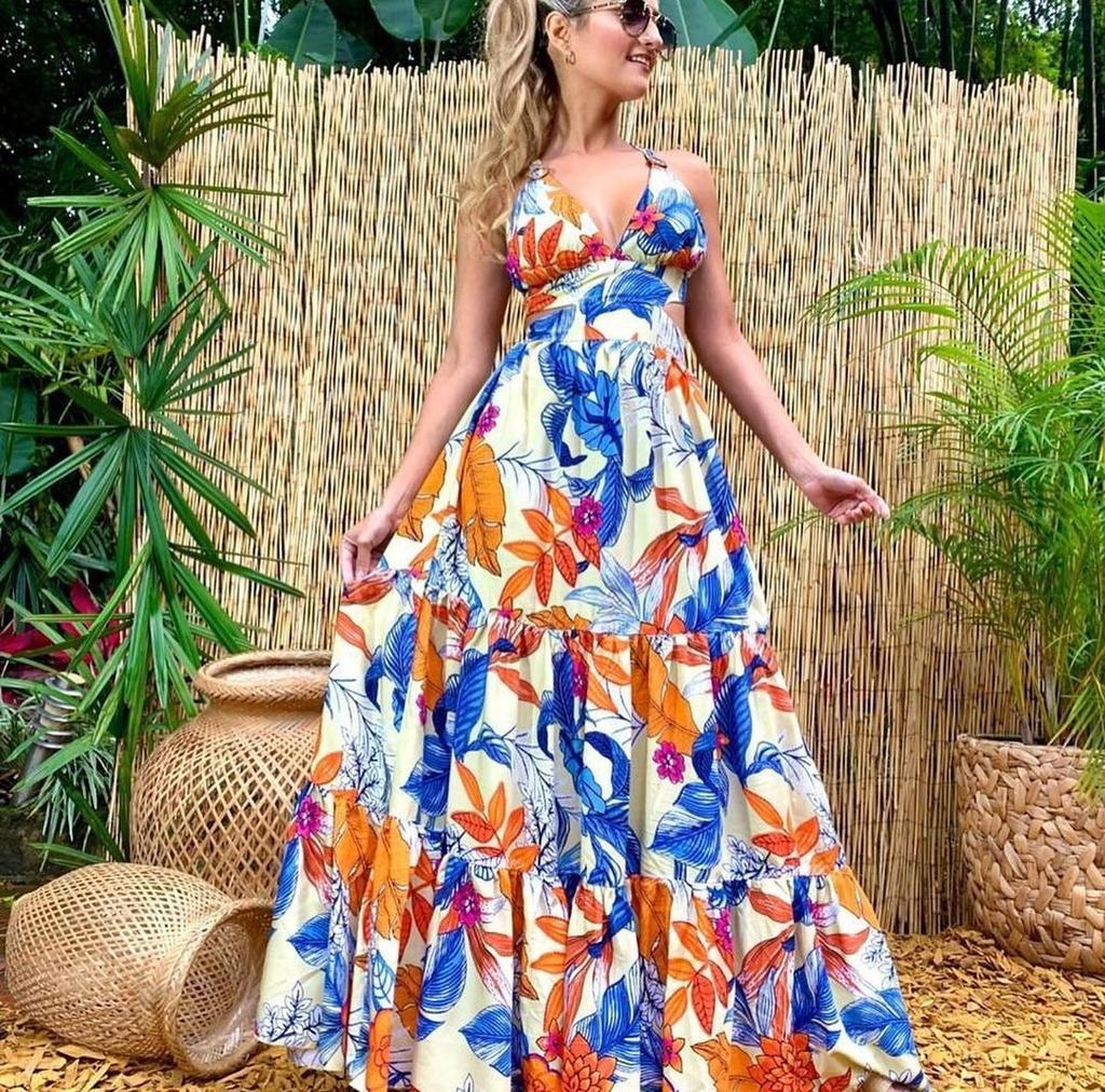 Spring And Summer New European And American Women'S Clothing Fashion Printed Sexy Dress, Suspender Deep V Sleeveless Backless Dress