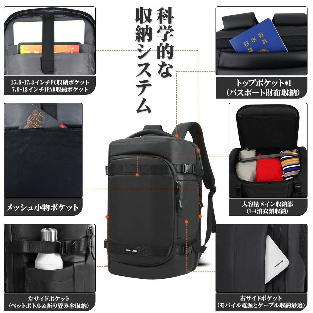 KINGSLONG Business-Rucksack, Reiserucksack, Großes Fassungsvermögen, Handgepäckgröße, 40L, Herren, Multifunktional, Passt für 17,3-Zoll-Laptops, Wasserabweisend,