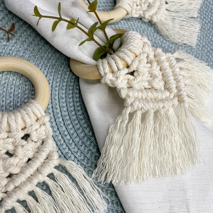 Boho  Napkin Rings with Wooden Ring, Handmade Woven Fringe Napkin Holders for Rustic Wedding, Party & Farmhouse Table Decor