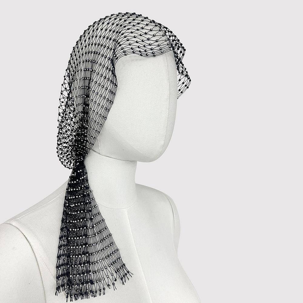 Handmade Hollow Out Fishnet Hat, Rhinestone Fashion Mid-length Fishnet Cap, Trendy Lady Accessory