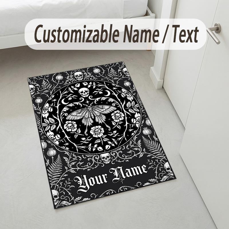 Gothic Moth Theme Soft Crystal Velvet Rug Custom Name & Text Print Non Slip Floor Rug for Bedroom Living Room