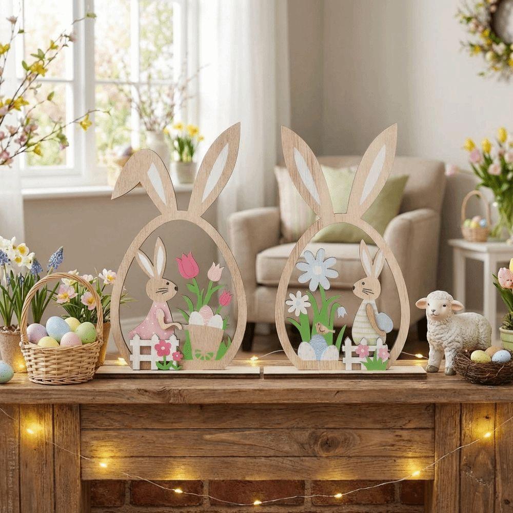 2Pcs Farmhouse Rustic Wooden Easter Rabbit Hand-Painted Easter Table Decor  Table Mantel