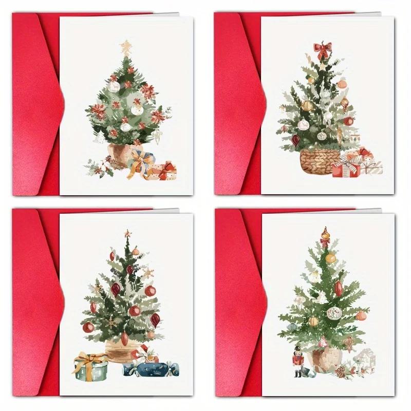 

4pcs, Christmas cards and envelopes, Christmas tree cards, the best Christmas gift cards for family friends красный