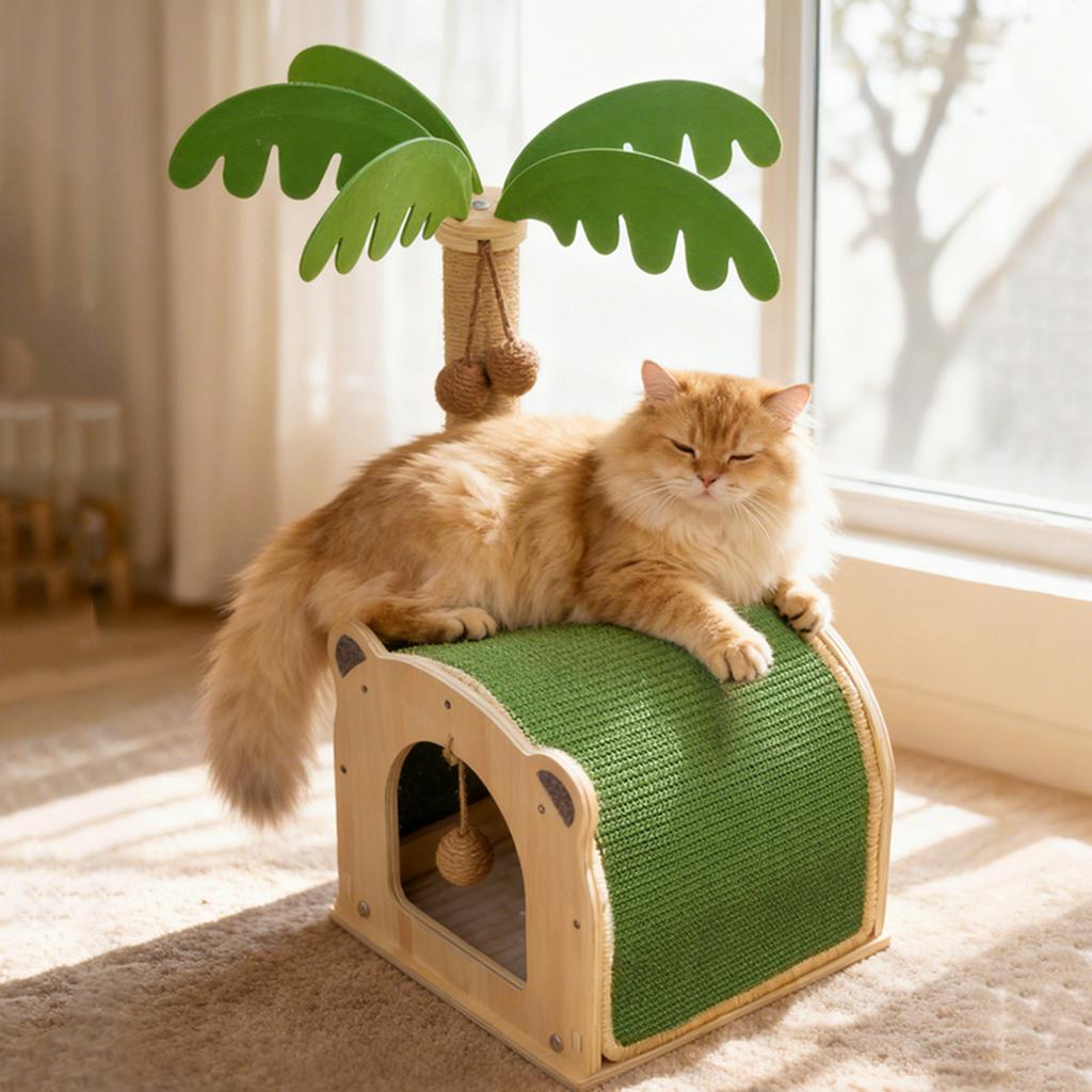 Coconut Tree Cat Scratching Post Wooden Cat Tree with Hanging Ball Cozy Condo Wide Perch for Indoor Kittens Adult Cats Play Rest