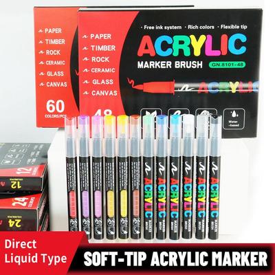 Direct Liquid Acrylic Marker Set - Soft Tip, 24 or 48 Colors, Press-Free for DIY Graffiti and Professional Drawing