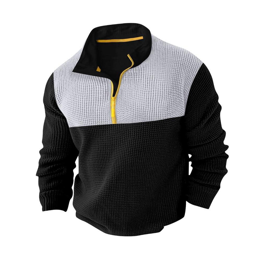 Spring and Autumn Leisure Sports Long Sleeve High Collar Top Color Blocking Half - Zip Waffle Knit Pullover Men’s T-Shirts