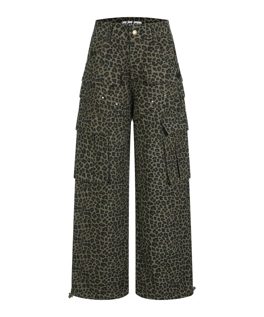 LALAFOX Leopard Print Rivet Pocket Point Pants Brown Br2Wp007